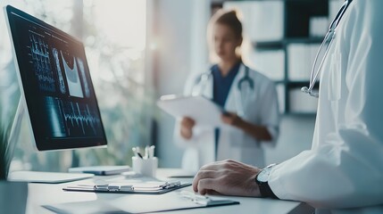 A healthcare provider consulting with a patient in a modern clinic setting, with medical charts visible on the desk