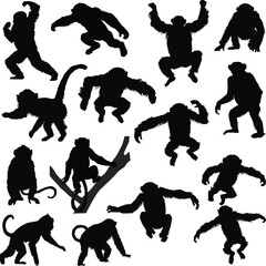 Sticker - set of fifteen black monkeys silhouettes isolated on white