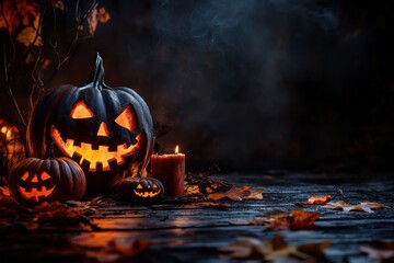 Spooky halloween pumpkins glowing on a wooden surface with smoke