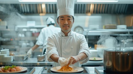 Wall Mural - A Japanese master chef at restaurant kitchen. Generative AI.