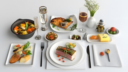 Wall Mural - A clean white background with a 3D-rendered gourmet meal