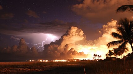 Sticker - Ft. Myers Lightning Storm: Dramatic Night Sky over Beach Landscape