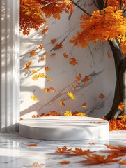 Aufkleber - A podium for product display with autumn leaves in the background. Generative AI.