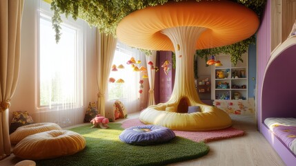 Wall Mural - A whimsical and vibrant children's room with a giant mushroom lamp and playful tree decorations hanging from the ceiling