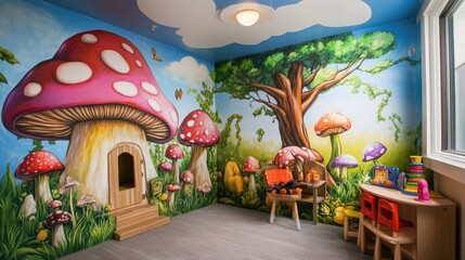 Wall Mural - A whimsical children's room decorated with cartoon-themed murals, featuring mushrooms and big trees, creating a dreamy atmosphere