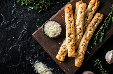 Poster - Garlic Breadsticks on a Wooden Board