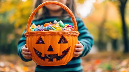 A child holding a pumpkin-shaped basket filled with Halloween candy.