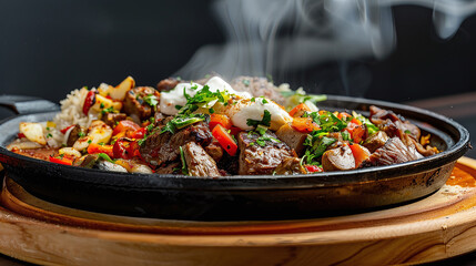 a sizzling plate of Middle Eastern shawarma with accompaniment