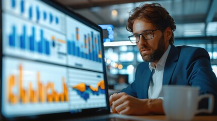 Aufkleber - Businessperson using a digital tablet to analyze data and set business strategies. the intersection of technology and finance, showcasing graphical charts, statistical data. Generative AI.