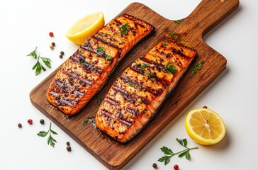 Canvas Print - Grilled Salmon with Lemon on Wooden Cutting Board