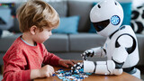 an ai robot assistant solving a puzzle and playing with a little boy