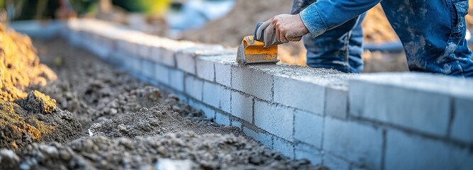 On new land, a retaining concrete block wall is being constructed with a man levelling tool.