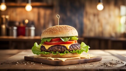 A hamburger with lettuce and tomato on a wooden cutting board