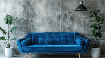 Wall Mural - In front of a concrete wall is a blue sofa. Modern loft living room interior design. Generative AI.