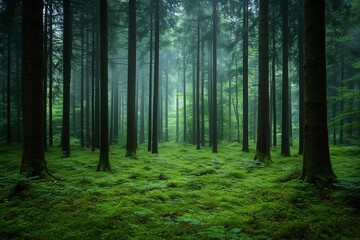  A tranquil scene of a dense forest shrouded in a light mist, creating an ethereal atmosphere. 