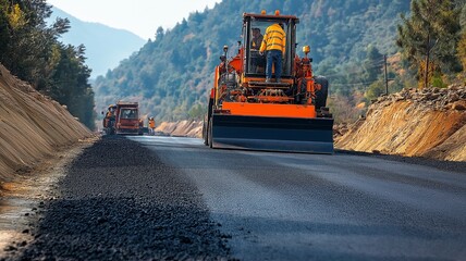 After laying asphalt, workers use an airbrush equipment to put markings on the road.