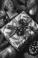 Wall Mural - Gift wrapped in silver paper with pine cones