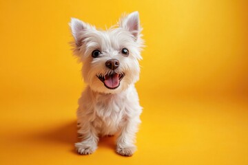 Poster - Small white dog on yellow surface