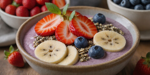 A close-up shot of a colorful smoothie bowl topped with fresh strawberries, blueberries, chia seeds, and sliced bananas. The bowl is placed on a rustic wooden table, with a spoon beside it. The backgr