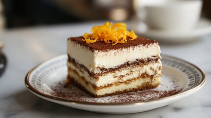 Wall Mural - Tiramisu topped with orange zest, on a vintage plate with a classic Italian café backdrop