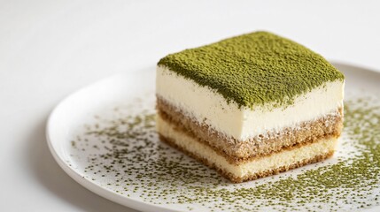 Tiramisu with a dusting of matcha powder, set against a minimalistic white backdrop