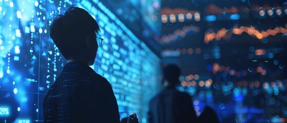 A person observes the digital stock market with glowing data screens, reflecting modern finance and technology concepts.