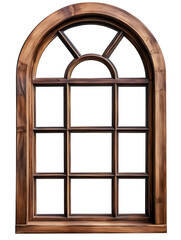 Large, semicircular, arched wooden window. Retro window with wooden frame. Isolated on a transparent background.