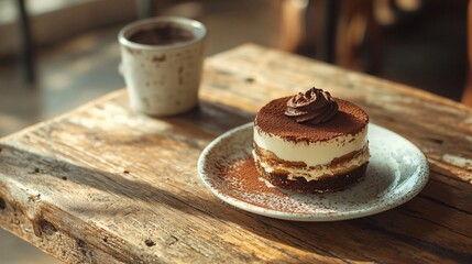 Tiramisu with a rich chocolate topping, set against a rustic wooden table with a cozy cafe backdrop