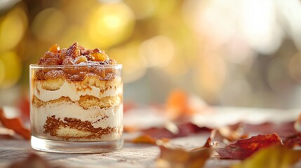 Wall Mural - Tiramisu with caramelized sugar on top, set against a warm, autumnal backdrop