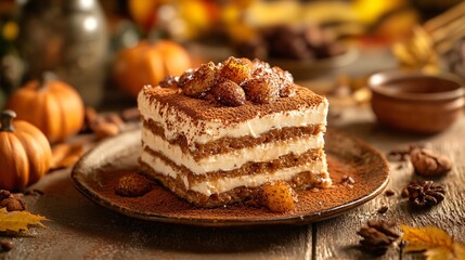 Tiramisu with caramelized sugar on top, set against a warm, autumnal backdrop