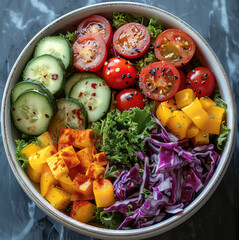 Poster - Avocado shredded red cabbage cucumbers tomatoes salad topped with yellow mustard. Generative AI.