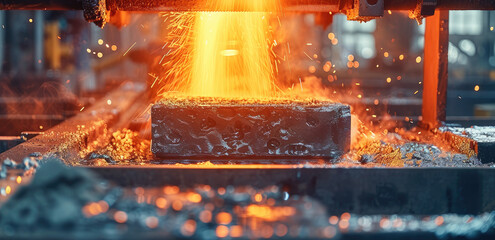 A close-up shot of the casting process, focusing on one steel beam being levitated and filled with molten iron by an industrial pulley system in factory. Generative AI.