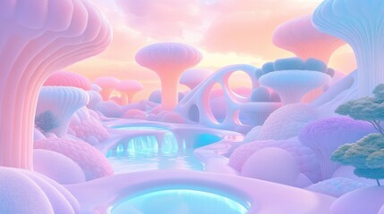 Canvas Print - a colorful, surreal landscape with pink and blue flowers and trees
