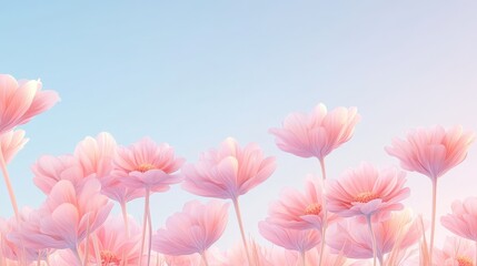 Canvas Print - A field of pink flowers with a blue sky in the background