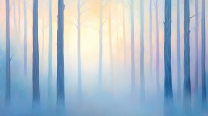 Wall Mural - A painting of a forest with trees and a foggy sky