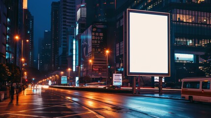 A vibrant city street at night featuring a large blank billboard, illuminated buildings, and wet pavement reflecting city lights.