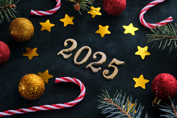 Wall Mural - new year 2025 background. number of the coming year in christmas decoration.