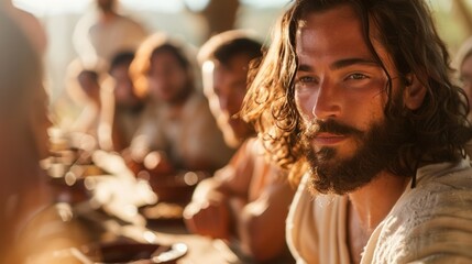 A man with a beard and long hair is sitting at a table with other people