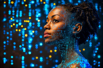 Woman with blue PCB printed circuit board, women in technology computer coding programming engineering science