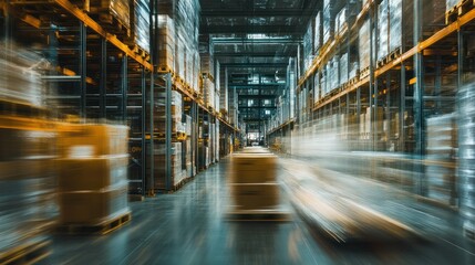 Wall Mural - Blurred Warehouse Interior with Moving Forklift and Pallets