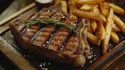 Steak and French Fries on Cutting Board