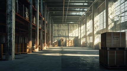 Wall Mural - Empty Industrial Warehouse with Sunlight Streaming Through Windows