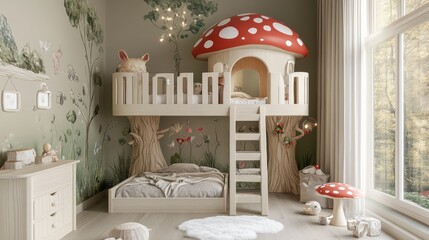 Wall Mural - A children room with a treehouse-style loft bed and mushroom-themed accessories, perfect for sparking imagination