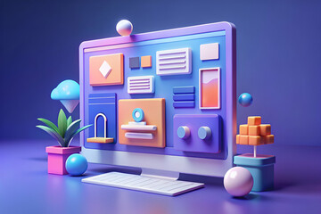 A computer monitor with a colorful background and a plant in front of it. The background is a colorful and vibrant design that gives the impression of a fun