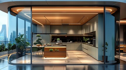 The open kitchen display area, including island counter, integrated stove, wine cabinet, dining table. Generative AI.