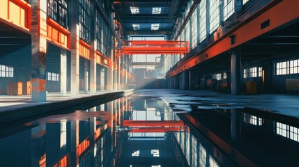 Wall Mural - Reflective Industrial Interior with Red Beams and Water Puddles