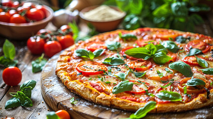 Wall Mural - Freshly baked pizza with tomatoes and basil on a rustic wooden table