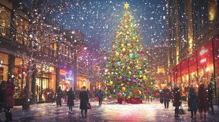 Festive Winter Shopping: Vibrant Christmas Tree Centerpiece in Busy Snowy Shopping District