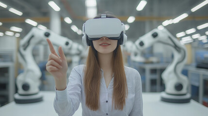 A girl in virtual reality Glasses controls Robots at work