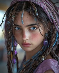 Poster - A young girl with blue eyes and braids on her head